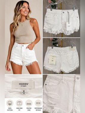 Hidden Jeans Finn White High Rise Distressed Denim Shorts M NWT